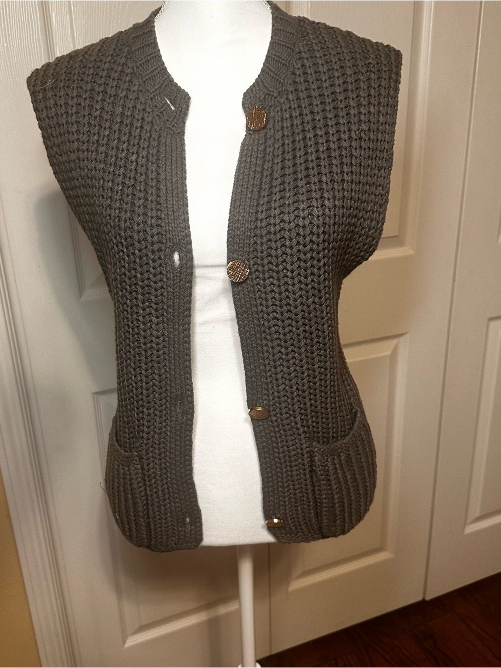 Classic Women's Olive Knit Button Vest Sweater